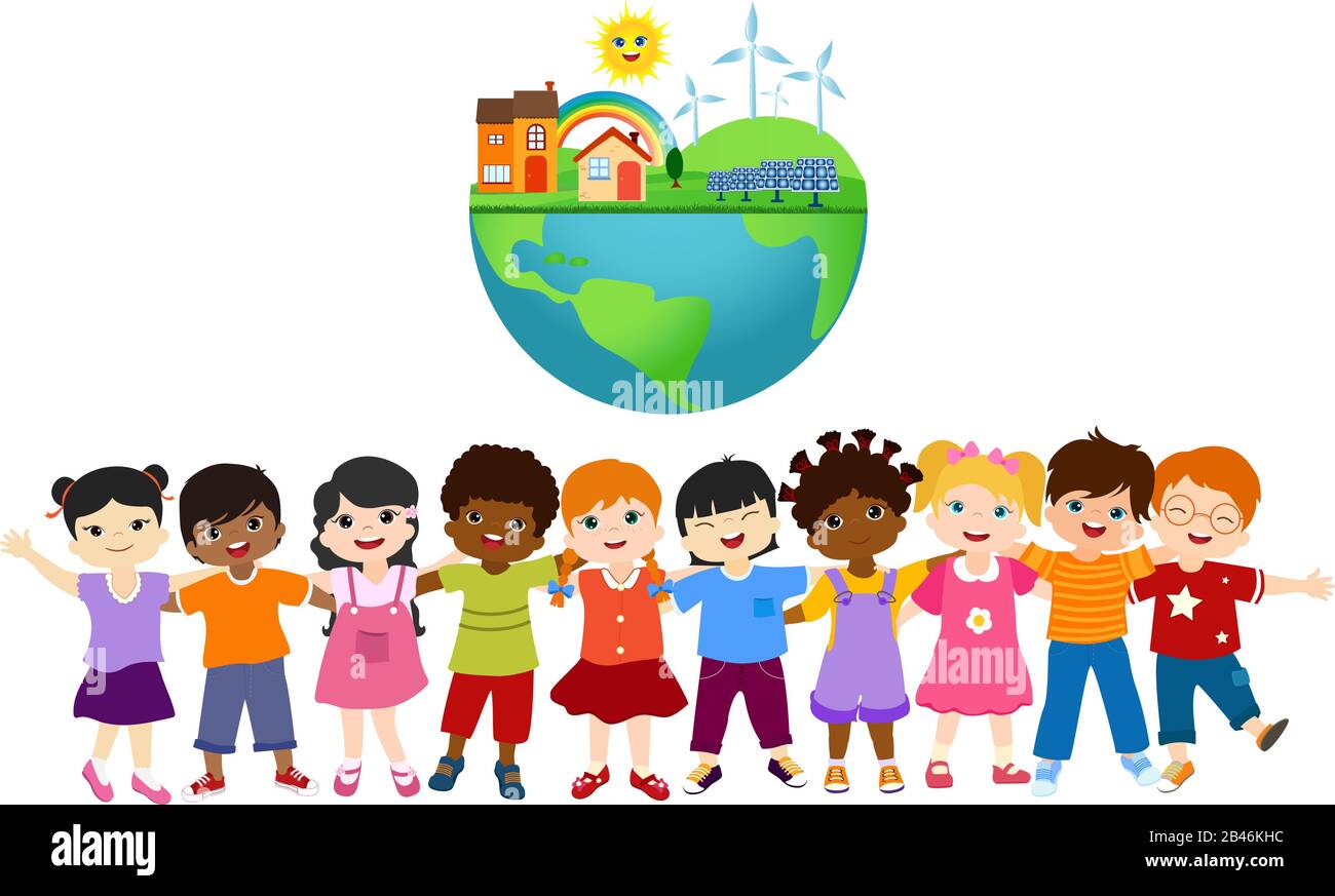 Gruppo di bambini diversi e multietnici che si abbracciano l'un l'altro.unità per un mondo ecologico con energia eco e sostenibile.salvare il nostro pianeta.Globe Illustrazione Vettoriale
