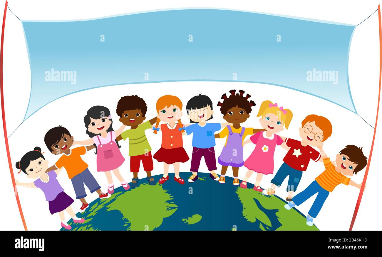 Gruppo isolato di bambini felici e sorridenti diversi e multietnici che si abbracciano e tengono due verghe con banner vuoto su un globo. Multietnico Illustrazione Vettoriale