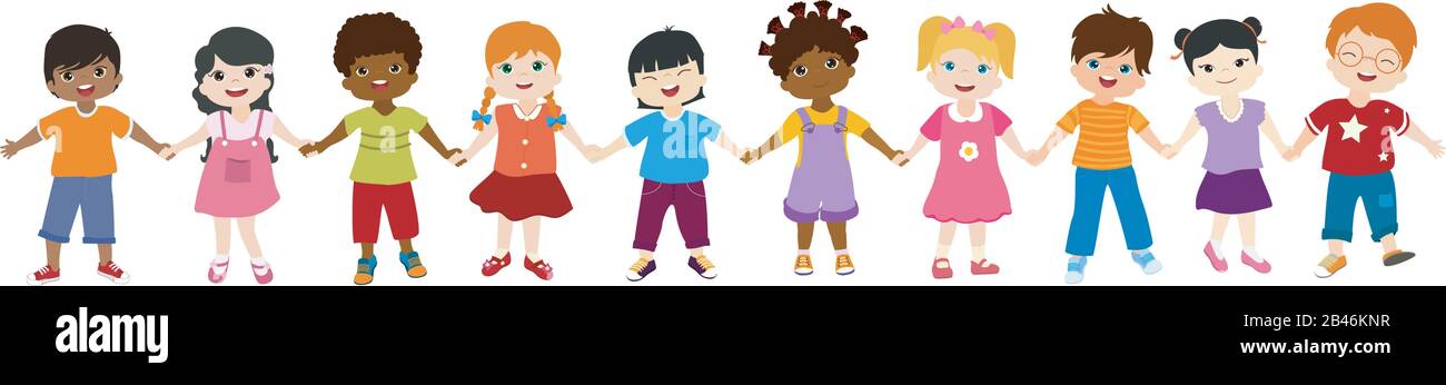 Gruppo isolato di bambini multietnici diversi che tengono le mani. Diversità e cultura. Unità e amicizia. Comunità di bambini multiculturali.Funny Illustrazione Vettoriale