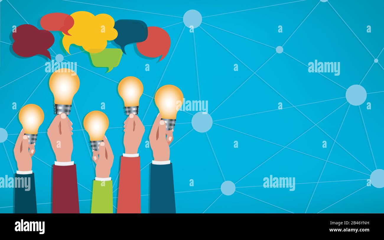 Condivisione di idee. Mani con lampadine. Rete sociale della comunità di comunicazione e discussione. Connessione tra gruppi di persone o amici. Parla Illustrazione Vettoriale