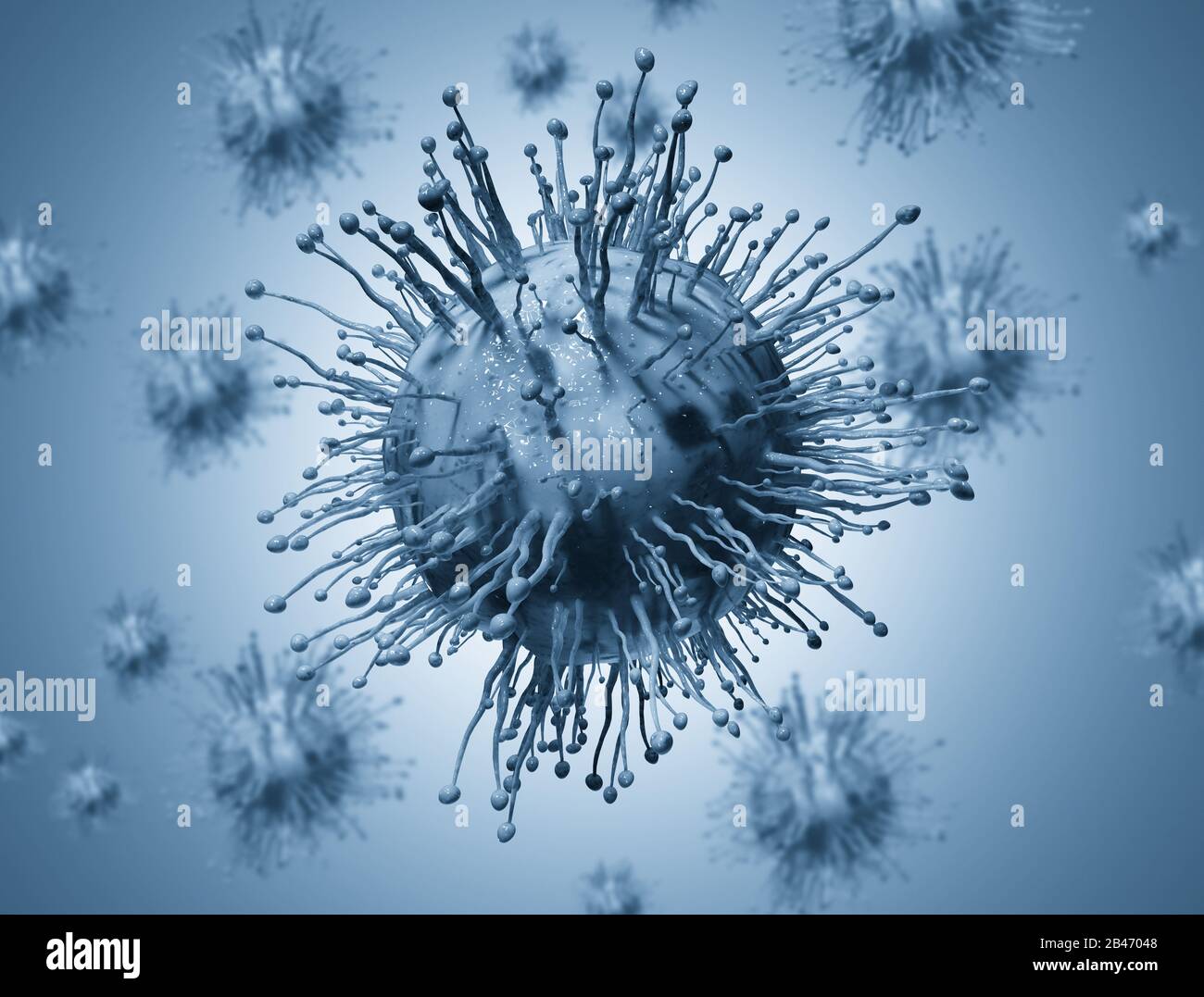 Gruppo di cellule di coronavirus. Illustrazione 3D della mutazione concettuale di Covid-19 Foto Stock