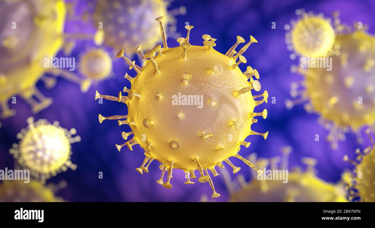 Coronavirus 2019-nCov, primo piano del virus Micoscopio. rendering 3d. concetto di rischio sanitario pandemico Foto Stock