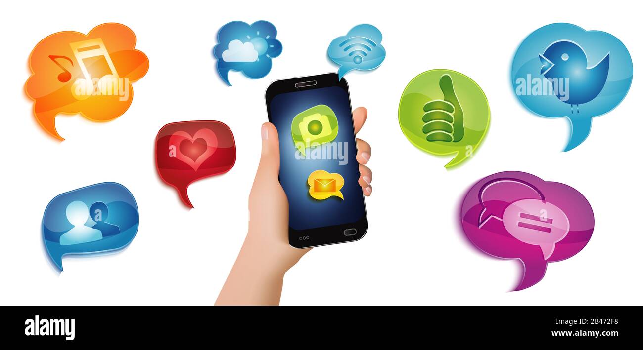 Icone di applicazioni isolate sui social media concettuali.simboli delle applicazioni interfaccia digitale.Global networking.Community. Condividere le informazioni. Bolla del parlato multimediale Foto Stock