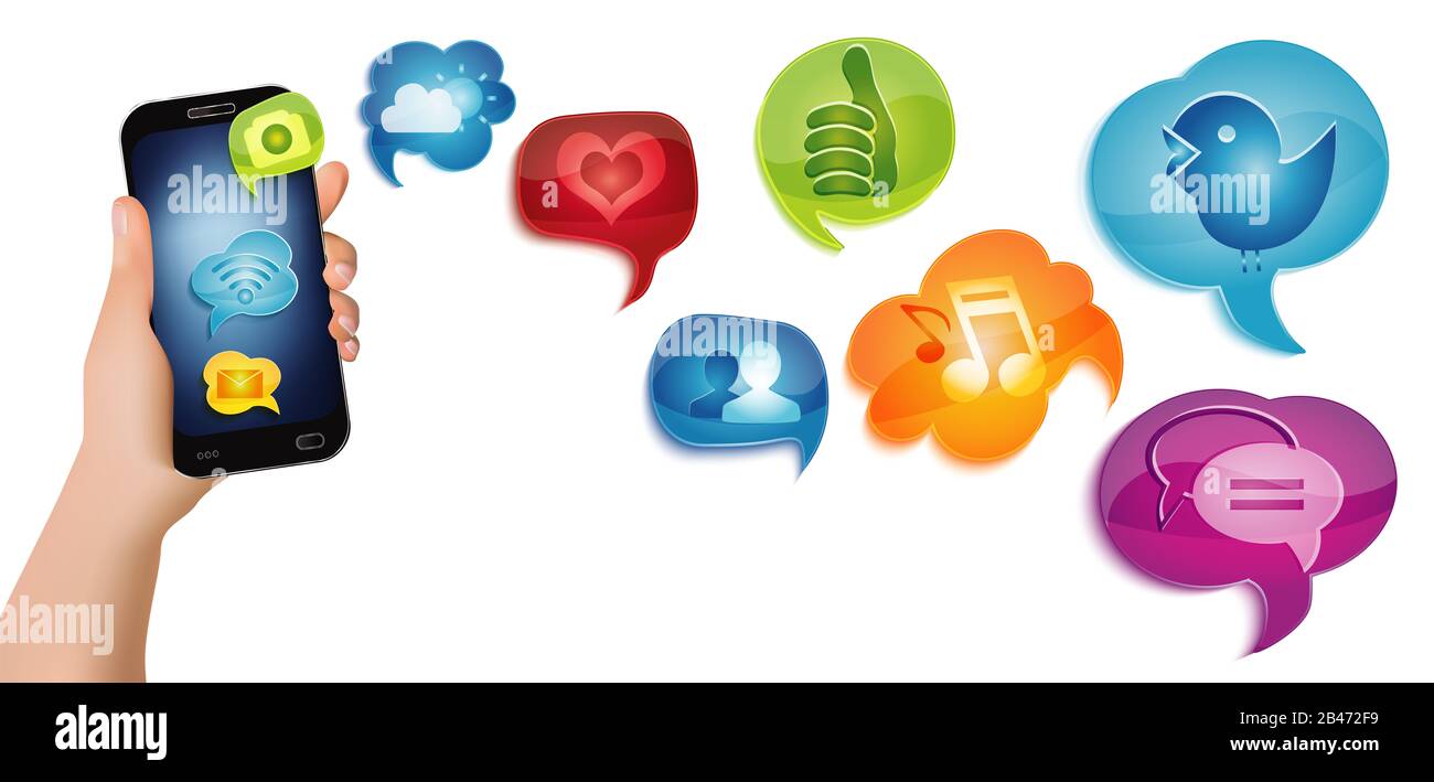 Icone di applicazioni isolate dei social media concettuali. Comunità. Global networking.Share information.App Symbols interfaccia digitale.Multimedia Speech Bubble Foto Stock