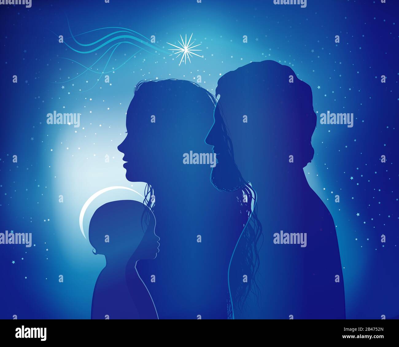 Presepe di Natale. Profili di silhouette blu con Joseph - Mary e Gesù bambino Foto Stock