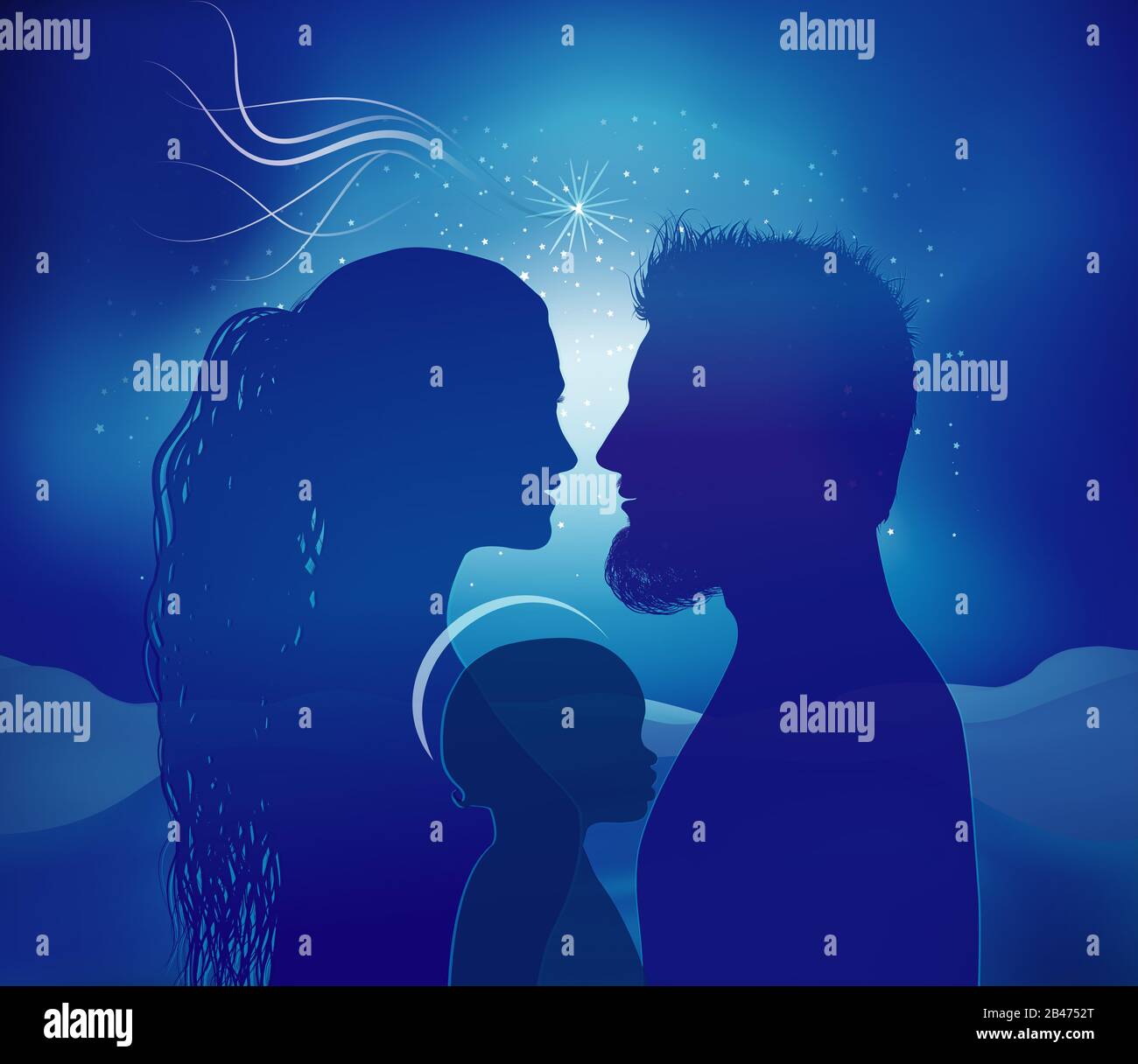 Presepe di Natale. Profili di silhouette con Joseph - Mary e Gesù bambino su sfondo blu Foto Stock