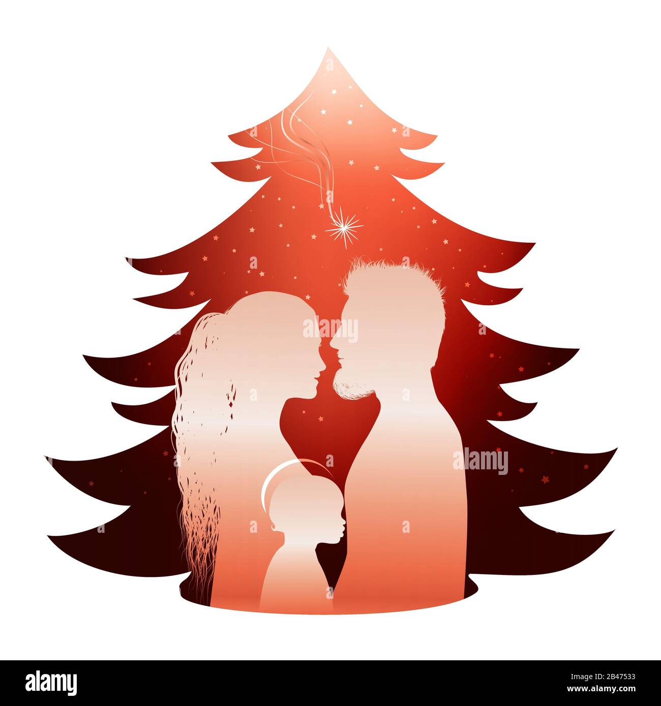 Isolato scena presepe albero di Natale con la famiglia Santa. Profilo di silhouette su sfondo rosso. Cometa e stelle Foto Stock