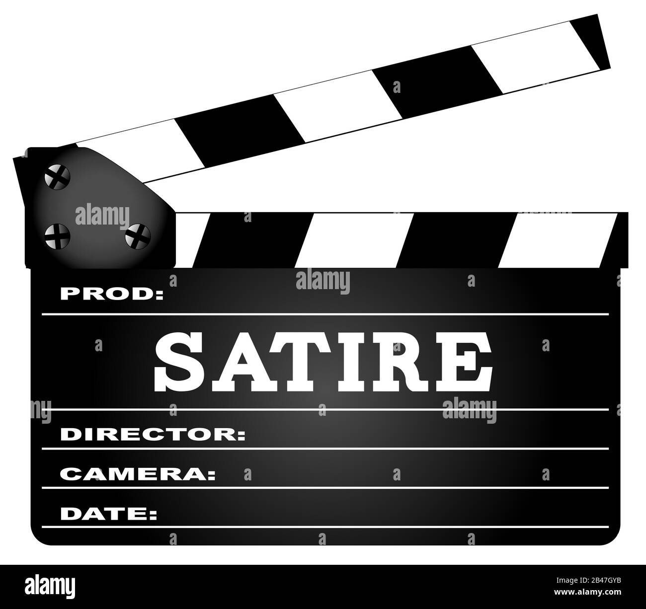 Un tipico film clapperboard con la leggenda Satira isolato su bianco. Illustrazione Vettoriale