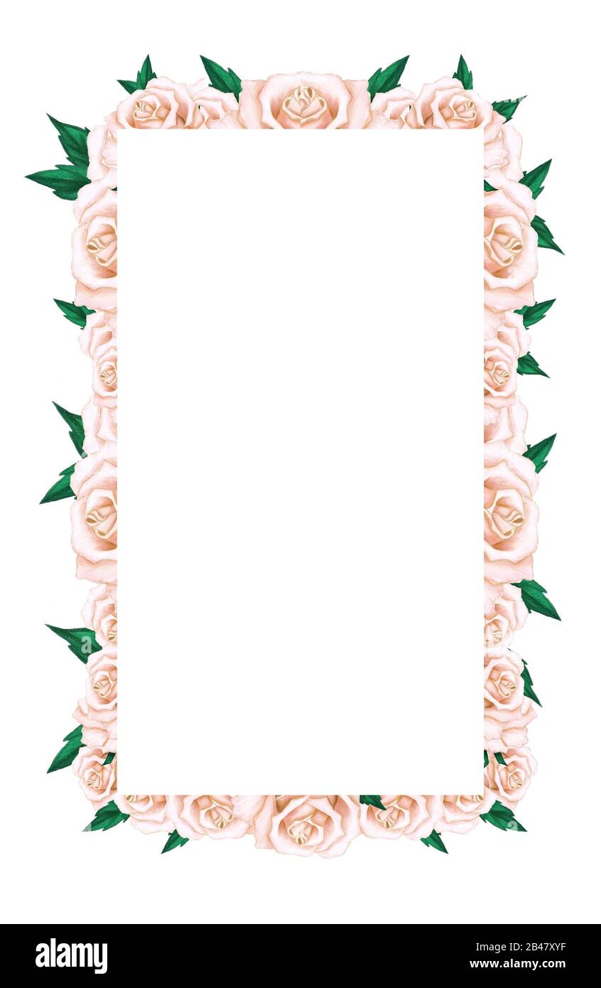 Cornice di rose beige disegnate a mano e foglie verdi su sfondo bianco. Elemento decorativo per inviti, carte e design. Foto Stock