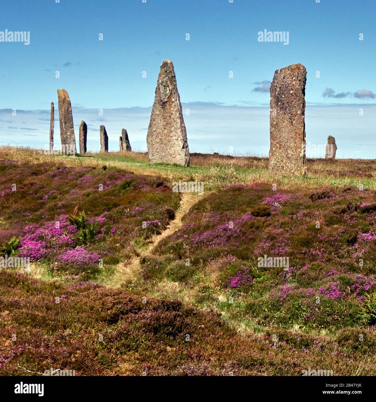 Le isole Orkney sono un arcipelago delle isole Northern Isles della Scozia, nell'Oceano Atlantico, e le sue antiche pietre erette del Ring of Brodgar nelle Isole Orkney al largo della costa settentrionale della Scozia. Questo monumento nel cuore del Neolitico Orkney, patrimonio dell'umanità, si ritiene sia stato costruito tra 4000 e 4500 anni fa. Originariamente costruito con sessanta pietre in un cerchio di oltre 100 metri di fronte, meno della metà delle pietre ancora in piedi. La più alta delle pietre è un po 'più di 4.5 metri (15 piedi) di altezza Foto Stock