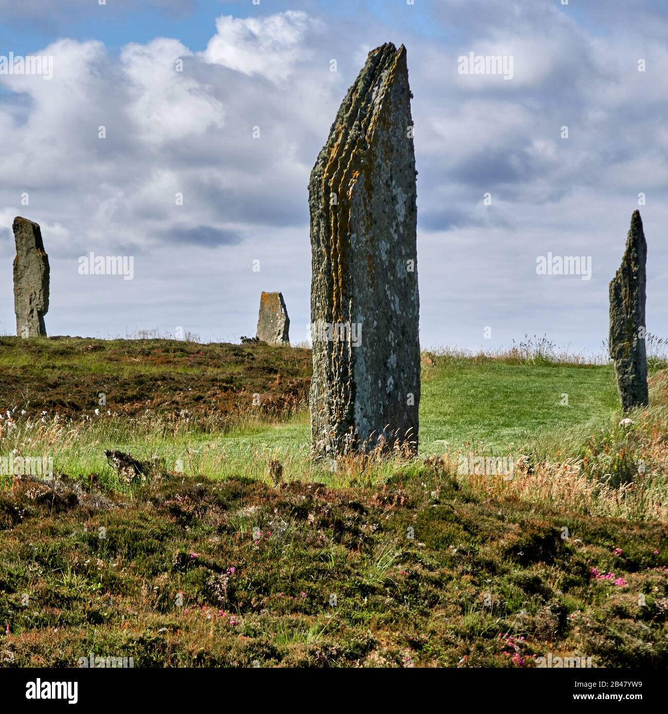 Regno Unito, Scozia, Orkney Islands è un arcipelago delle Isole del Nord della Scozia, le antiche pietre erette del Ring of Brodgar nelle Isole Orkney al largo della costa settentrionale della Scozia. Questo monumento nel cuore del Neolitico Orkney, patrimonio dell'umanità, si ritiene sia stato costruito tra 4000 e 4500 anni fa. Originariamente costruito con sessanta pietre in un cerchio di oltre 100 metri di fronte, meno della metà delle pietre ancora in piedi. La più alta delle pietre è un po 'più di 4.5 metri (15 piedi) di altezza Foto Stock