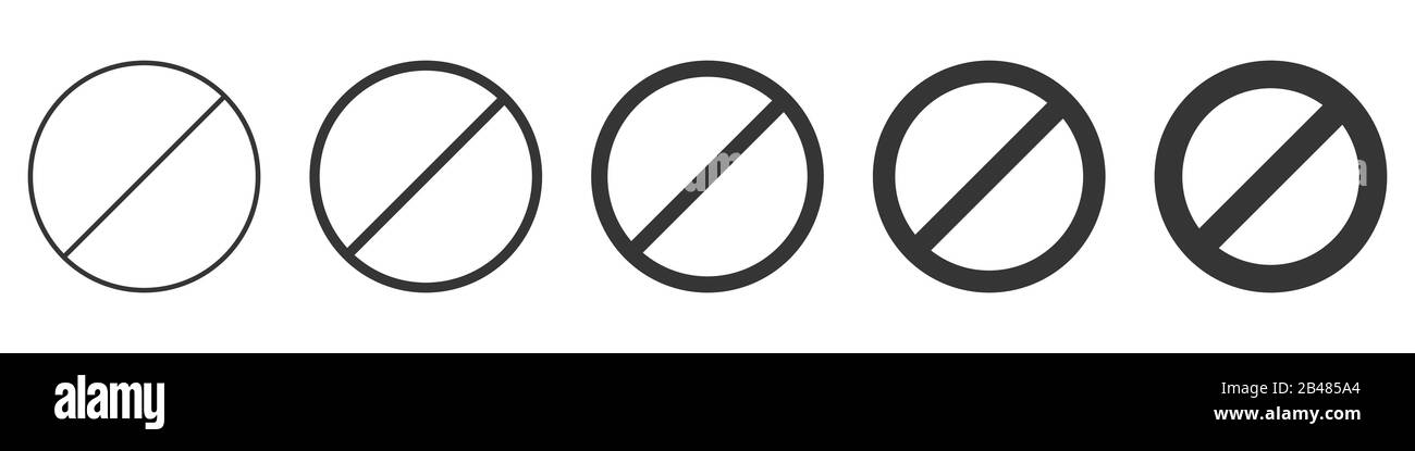 Serie di segni di divieto di spessori diversi. Illustrazione del vettore. Simbolo di arresto isolato. Icona di divieto nero Illustrazione Vettoriale