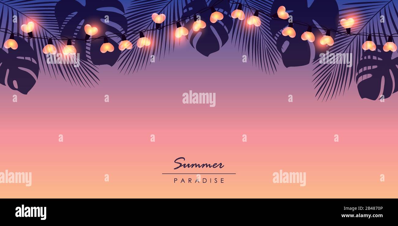 Sfondo tropicale paradiso estivo con fata luce e foglie di palma vettore illustrazione EPS10 Illustrazione Vettoriale