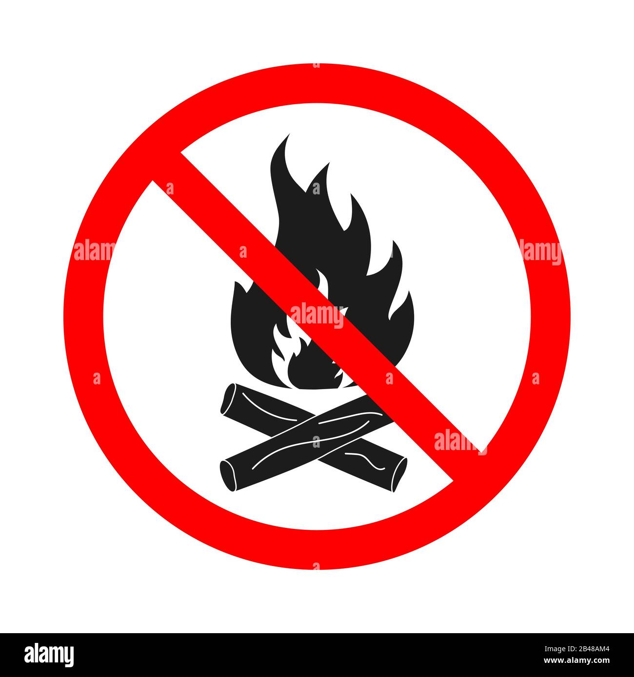 Nessun simbolo vettore vietato per il falò. Nessun segno di fuoco su sfondo bianco. Segnale di arresto fiamma Illustrazione Vettoriale