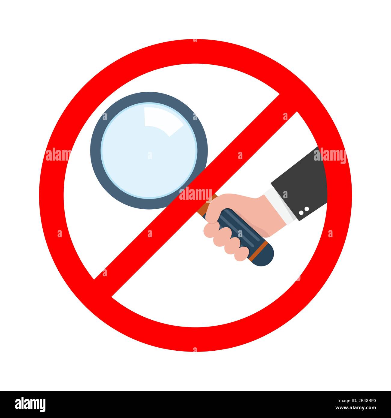 Simbolo vettore lente di ingrandimento non consentita. Nessuna icona lente di ingrandimento. Icona di ricerca Ban su sfondo bianco. Illustrazione Vettoriale