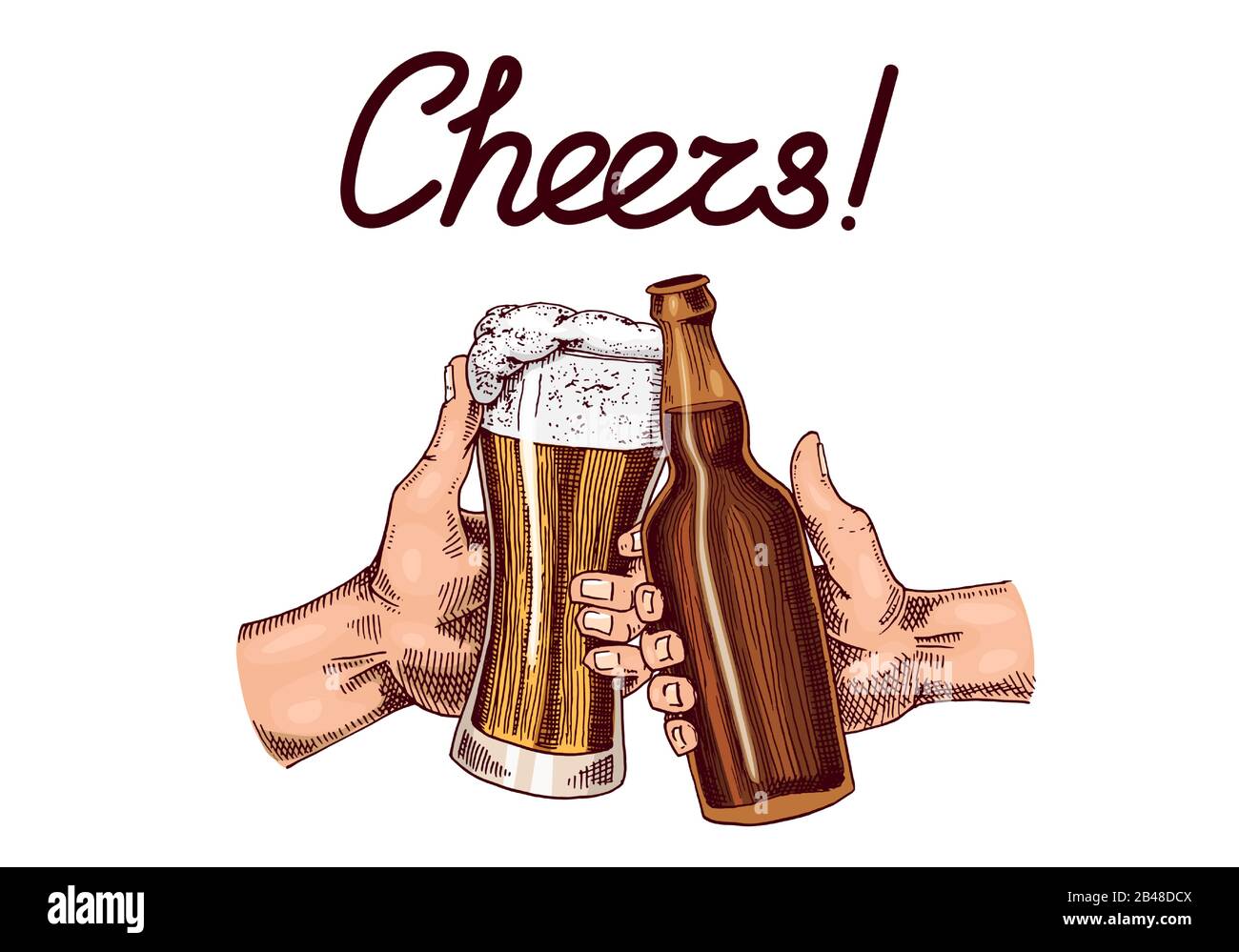 Brindisi di grazie. Birra in mano. Etichetta Alcolica Vintage. Tazza e bottiglia. American oktoberfest banner o poster. Disegno inciso a mano per il nastro Illustrazione Vettoriale