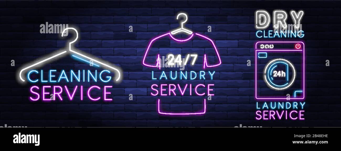 Banner neon per servizi di lavaggio a secco Illustrazione Vettoriale