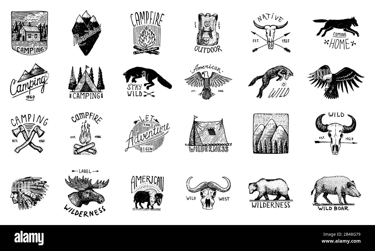 Set di etichette da campeggio o badge. Emblemi da trekking o caccia e collezione di elementi per l'avventura all'aperto. Foresta monocromatica e montagne alpine, falò Illustrazione Vettoriale