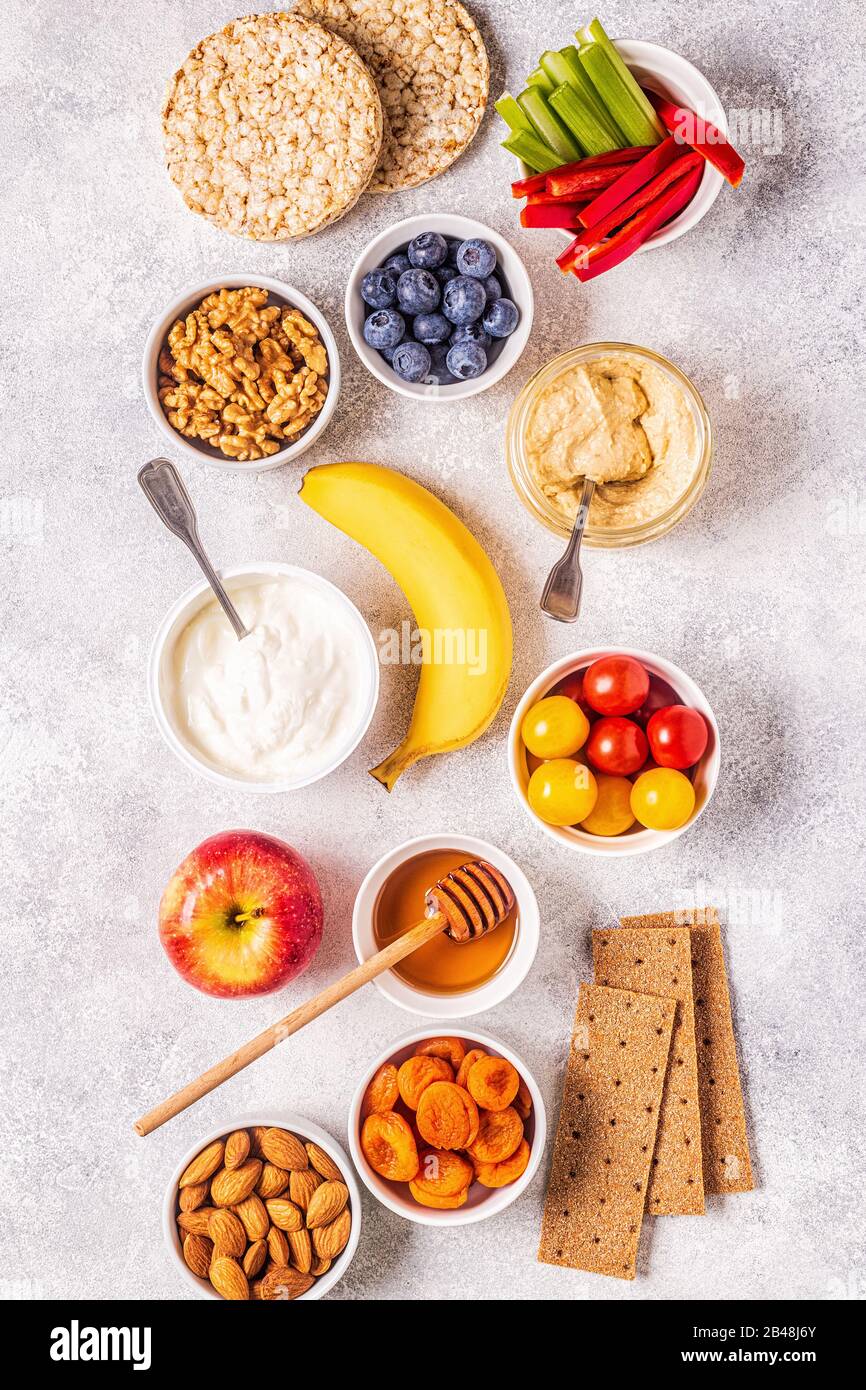 Snack sani concetto, vista dall'alto. Foto Stock