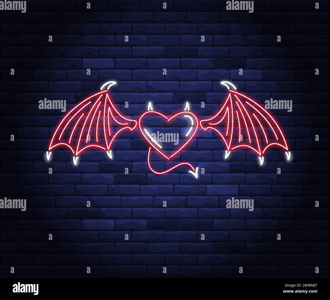 Cuore illuminato al neon con ali di diavolo Illustrazione Vettoriale