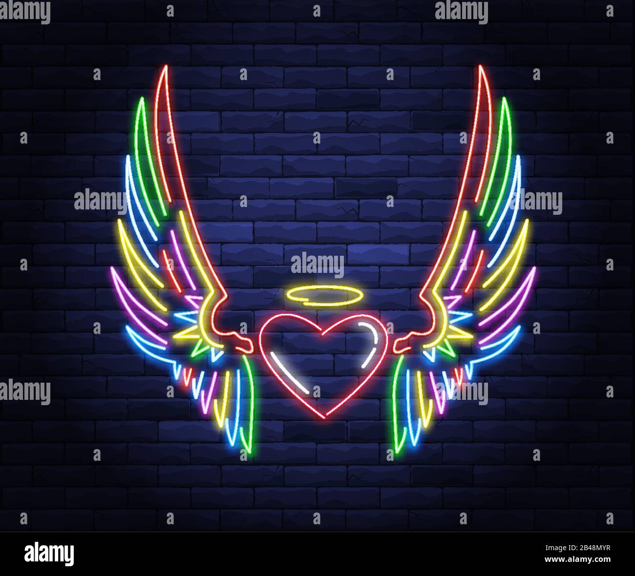 Cuore illuminato al neon con alette angelo e alone Illustrazione Vettoriale