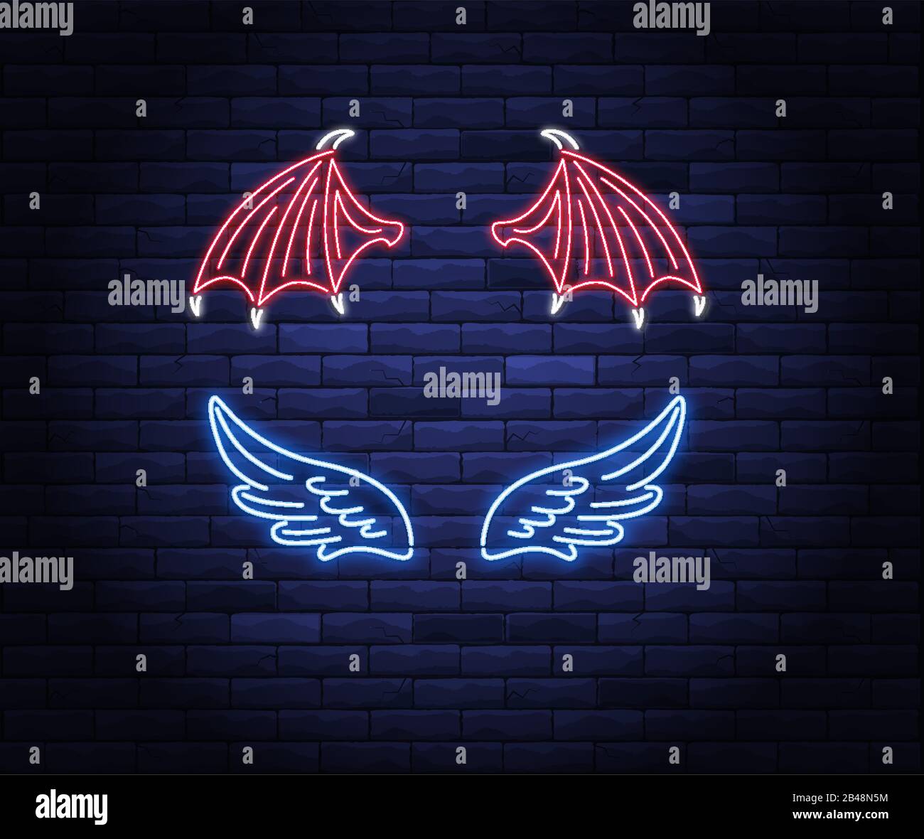 Cuore illuminato al neon con alette angelo e alone Illustrazione Vettoriale