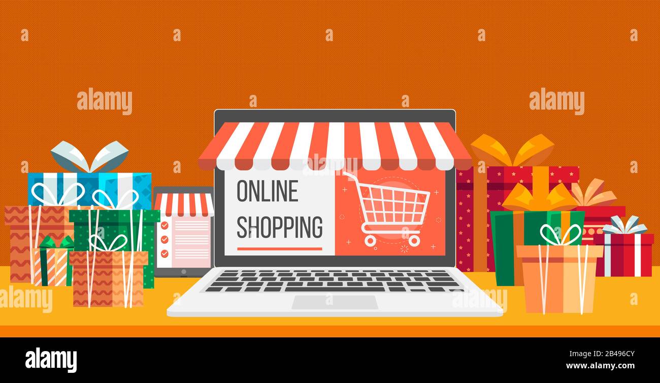 Illustrazione dello shopping online , con presente, notebook, tablet e bel background Illustrazione Vettoriale