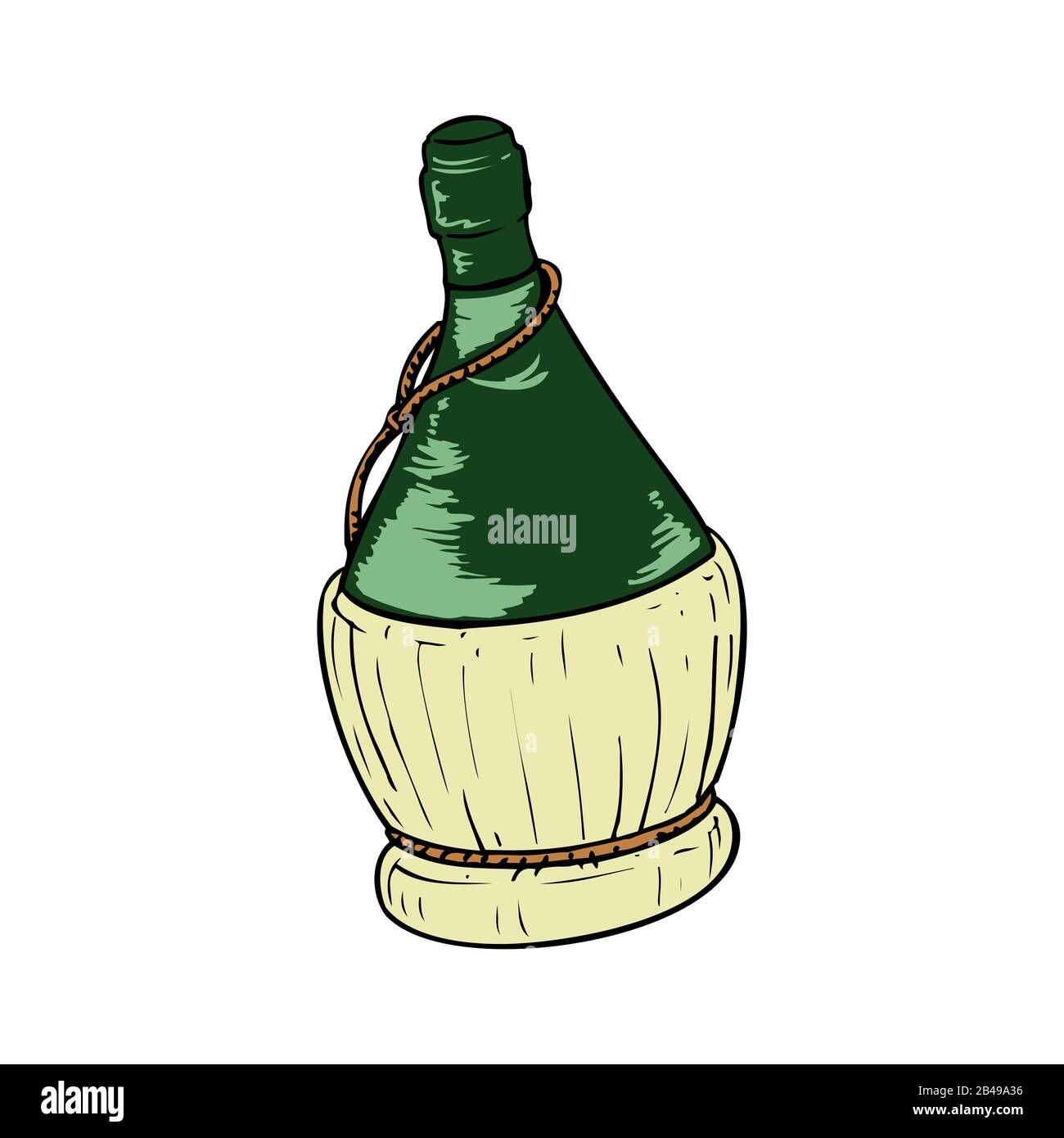 bottiglia di vino in cesto di vimini su sfondo bianco. disegno vettoriale. Illustrazione Vettoriale