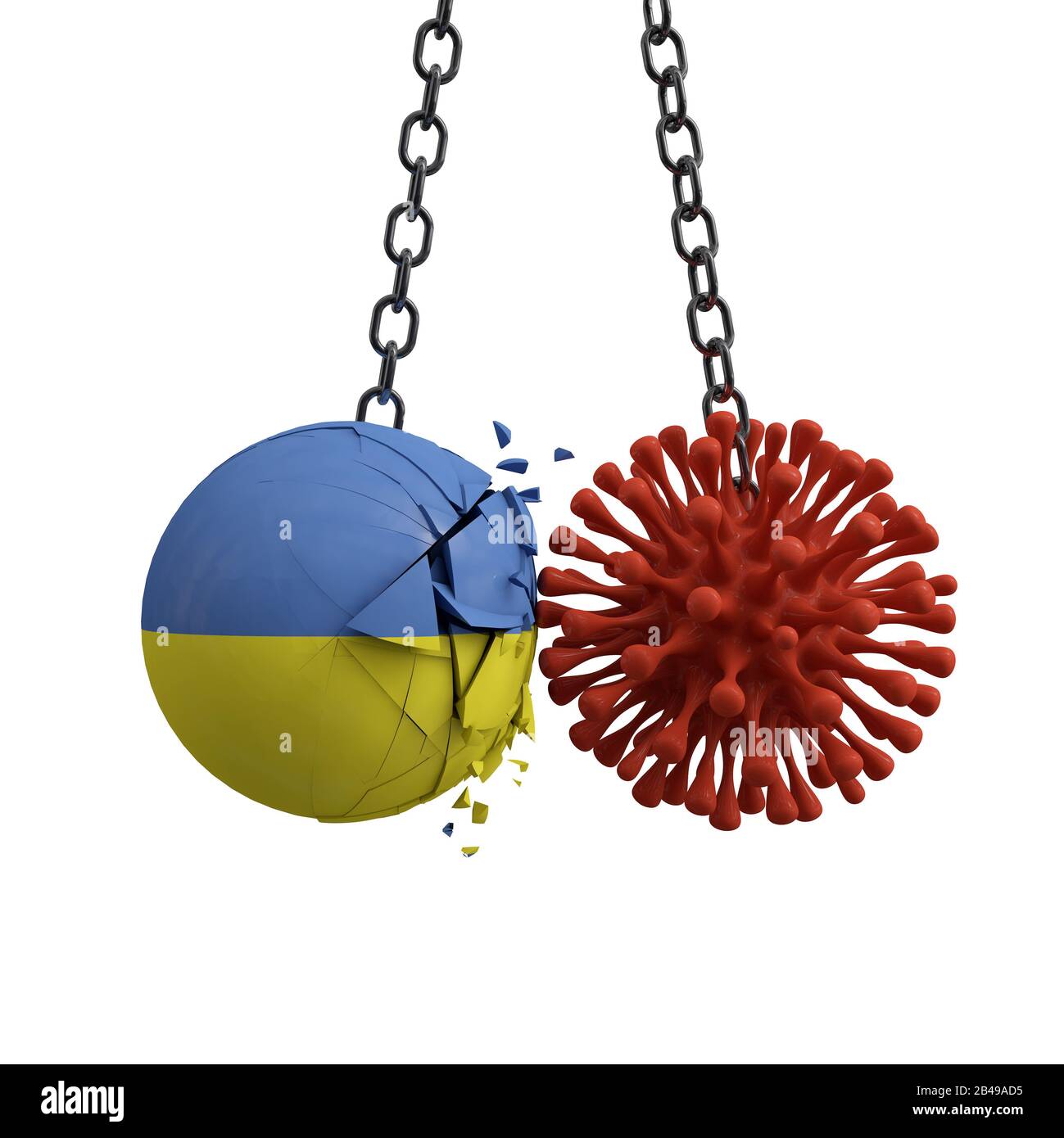 La sfera dell'Ucraina smashes in una microbo di malattia del virus. Rappresentazione 3D Foto Stock