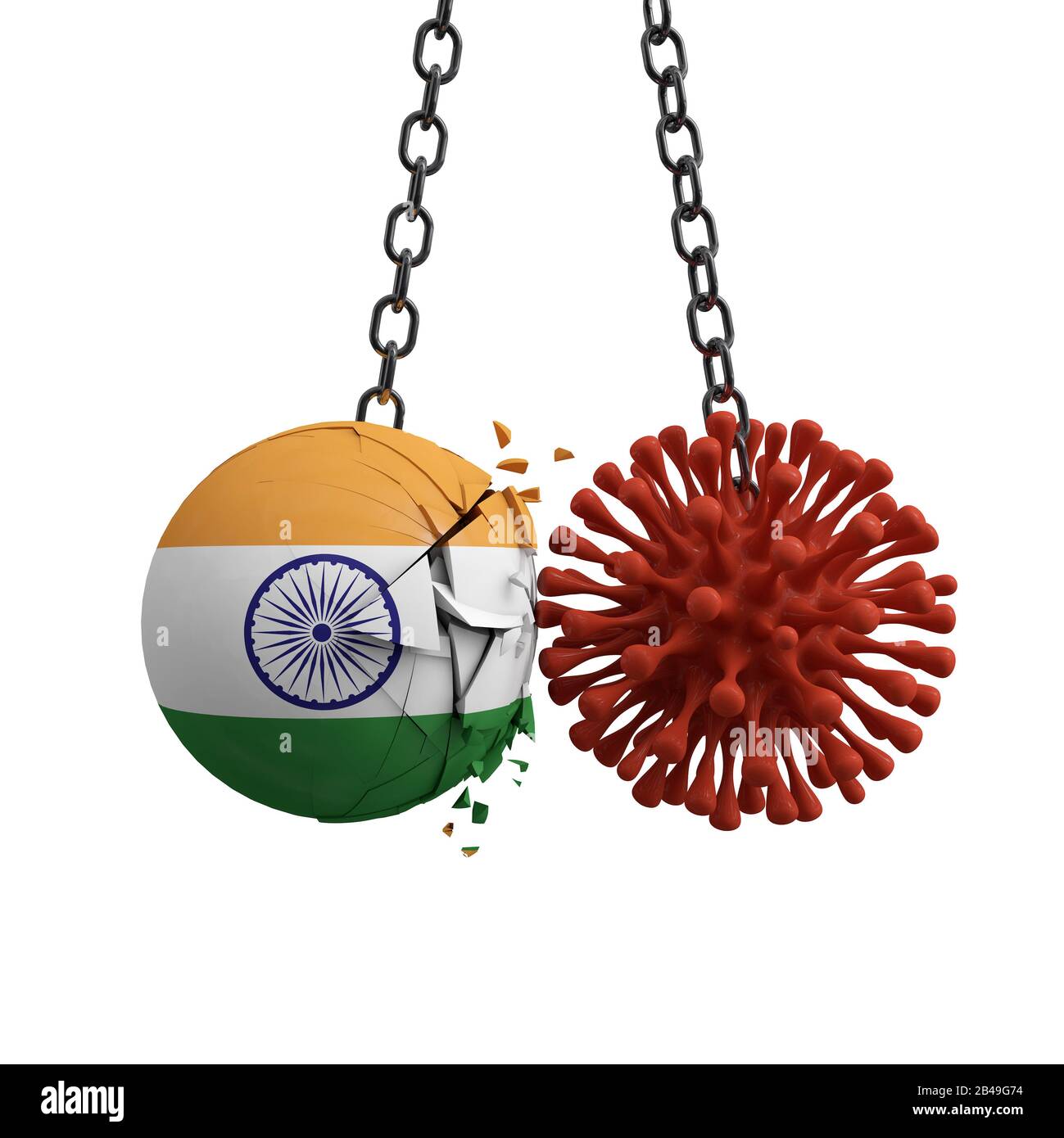 La sfera dell'India smashes in un microbo di malattia del virus. Rappresentazione 3D Foto Stock