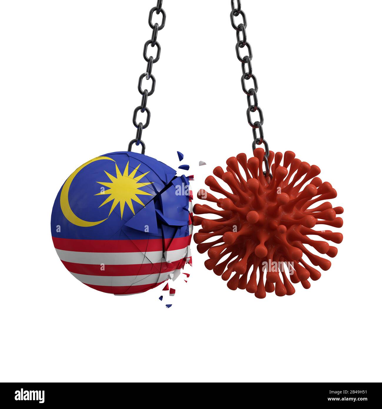La sfera della Malesia smashes in un microbo di malattia del virus. Rappresentazione 3D Foto Stock