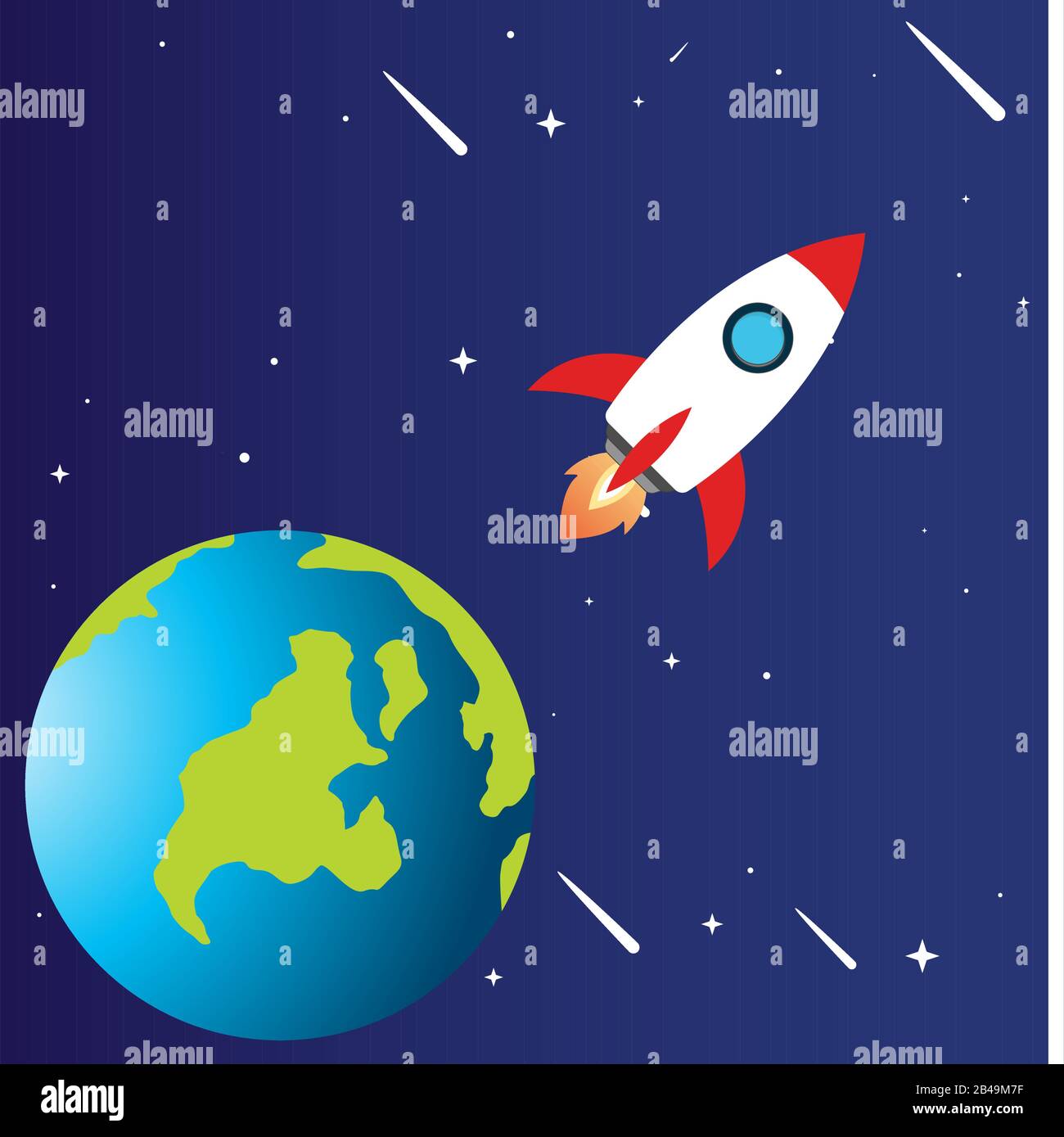 Illustrazione dello spazio con terra e razzo - vettore di disegno piatto Illustrazione Vettoriale