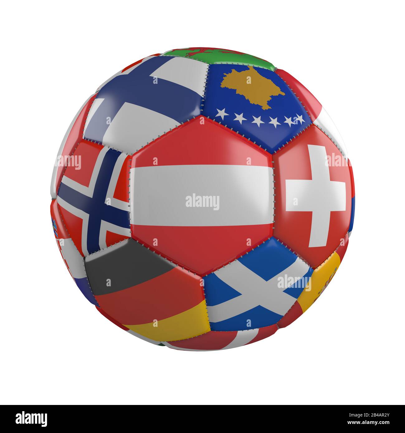 Austria bandiera su una palla di calcio con bandiere degli stati europei su uno sfondo bianco, 3D rendere Foto Stock