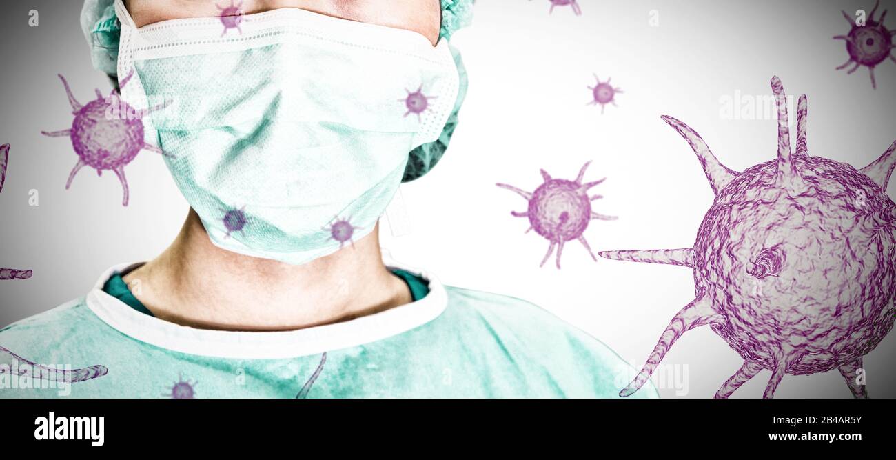 Immagine composita di ritratto di donna chirurgo. Test per la pandemia di Coronavirus Foto Stock