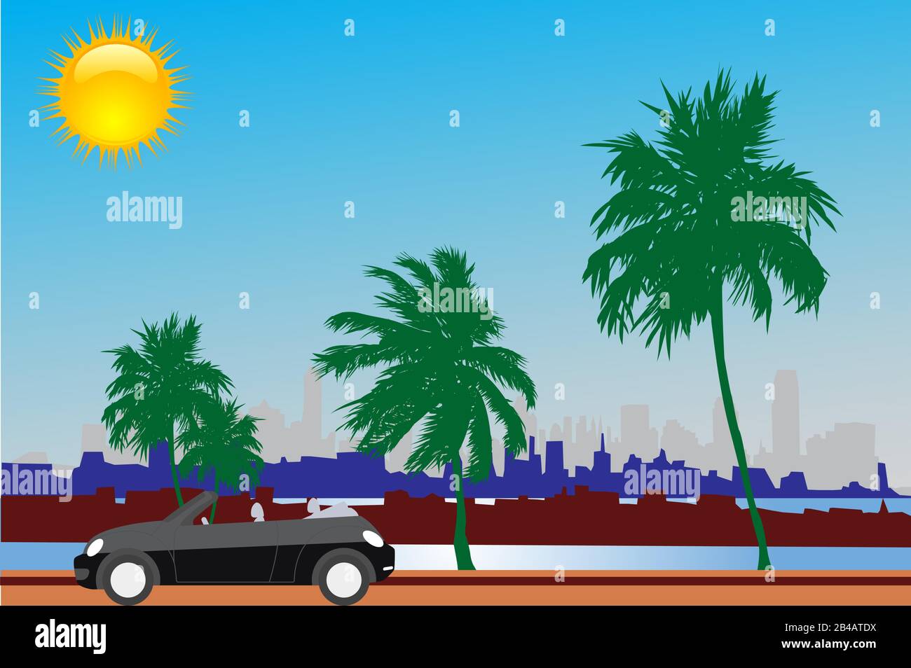 Parcheggio cittadino con auto, tramonto, cielo, alberi di palma, оcean, nave - vettore Illustrazione Vettoriale
