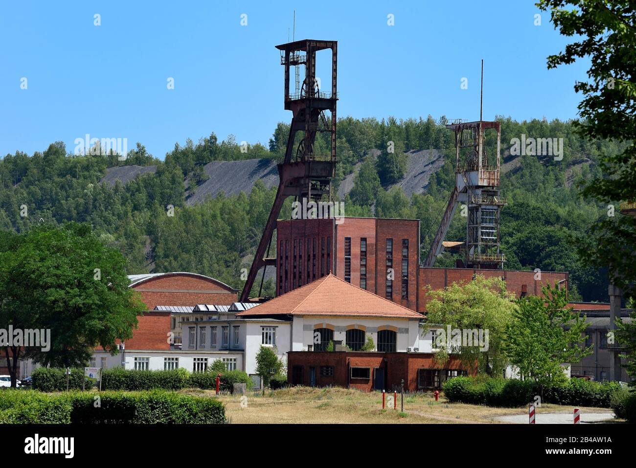 Francia, Mosella, Petite Rosselle, museo carreau Wendel, alberi di miniere di carbone e mucchi di materiale di fondo Foto Stock