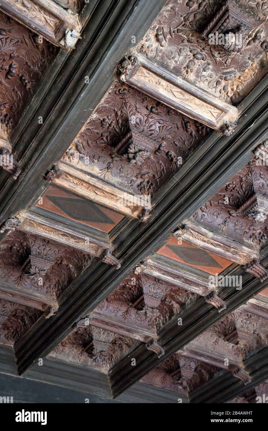 Francia, Meuse, Saint Mihiel, casa dello scultore rinascimentale Ligier Richier, soffitto a cassettoni in terracotta intagliato con decorazione geometrica (verso il 1540) Foto Stock