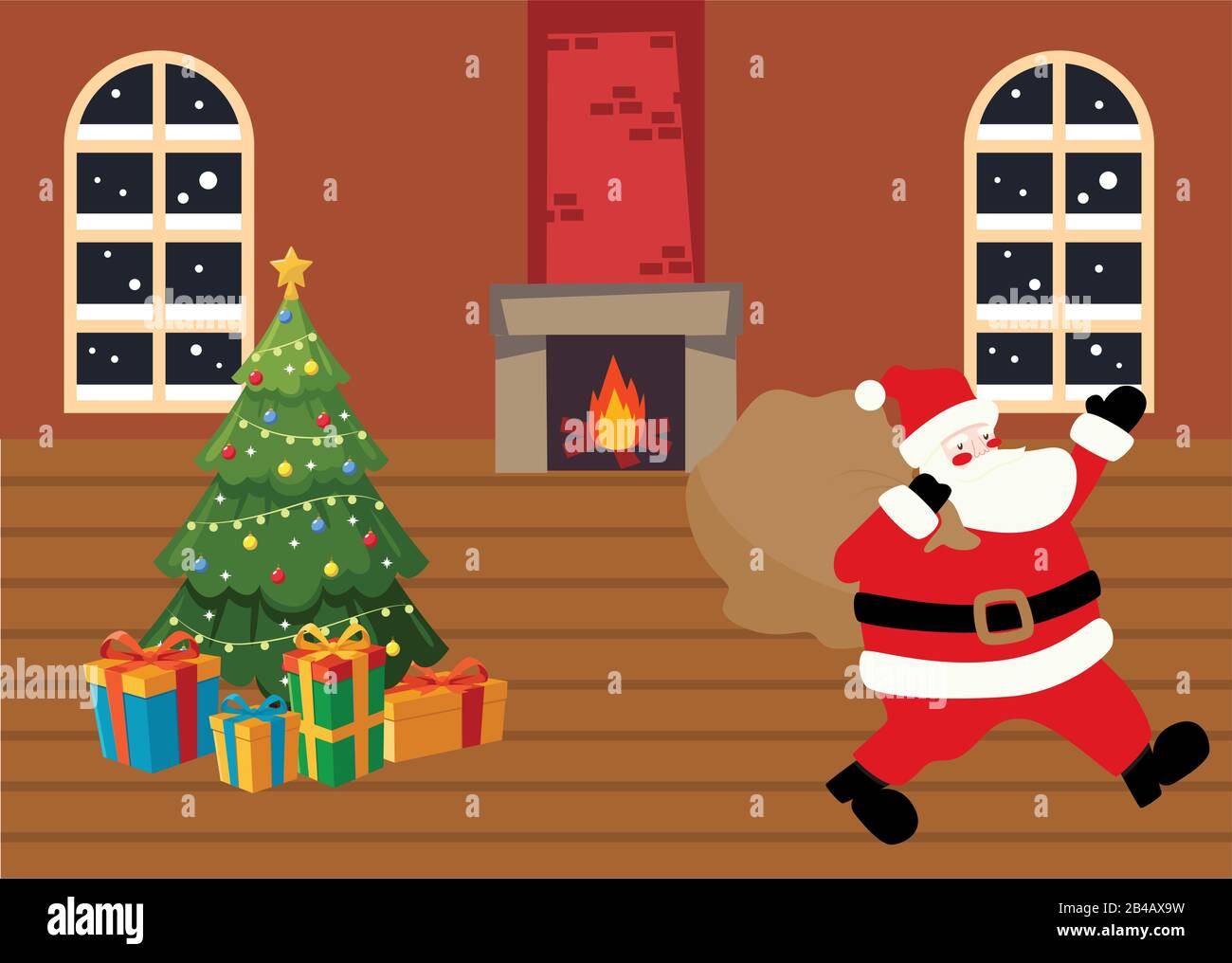 Casa di natale decorata con babbo natale, albero, camino, finestre Illustrazione Vettoriale