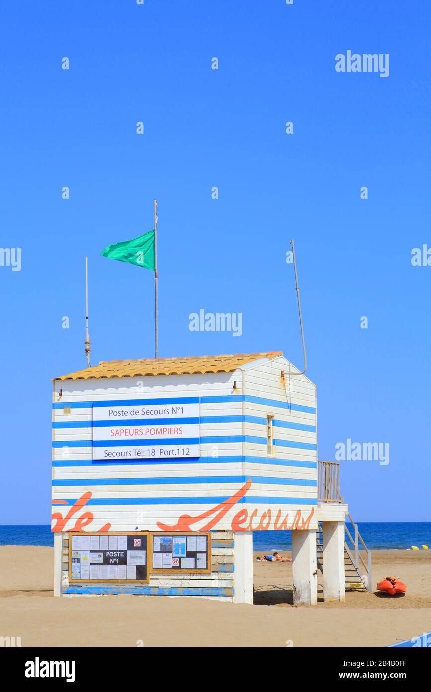 Francia, Aude, Gruissan, Plage des Chalets, stazione di pronto soccorso Foto Stock