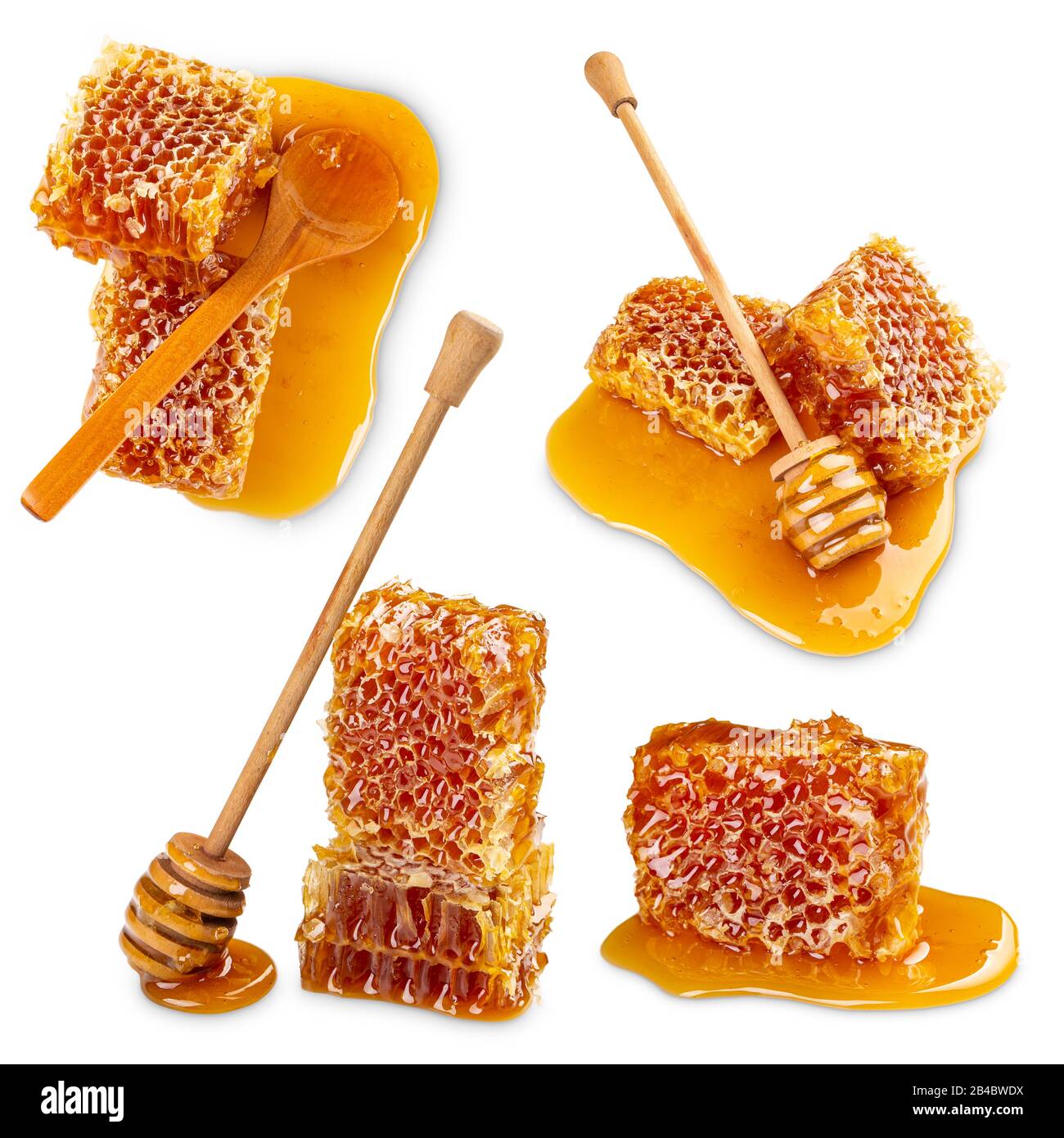 Set di prodotti apicoli con ingredienti naturali organici. Concetto di nido d'ape Foto Stock