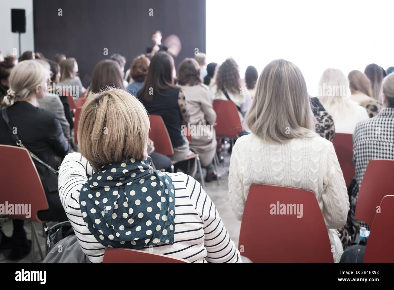 Donna d'affari e persone in ascolto sulla conferenza. L'immagine orizzontale Foto Stock