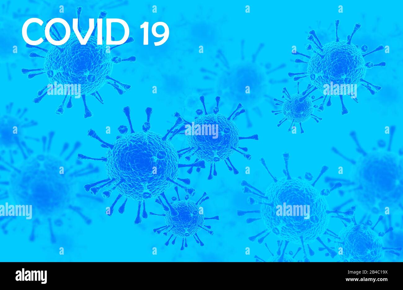 Malattia di coronavirus infezione da COVID-19, illustrazione medica. Nuovo nome ufficiale per la malattia di Coronavirus chiamato COVID-19, rischio pandemico, sfondo blu Foto Stock