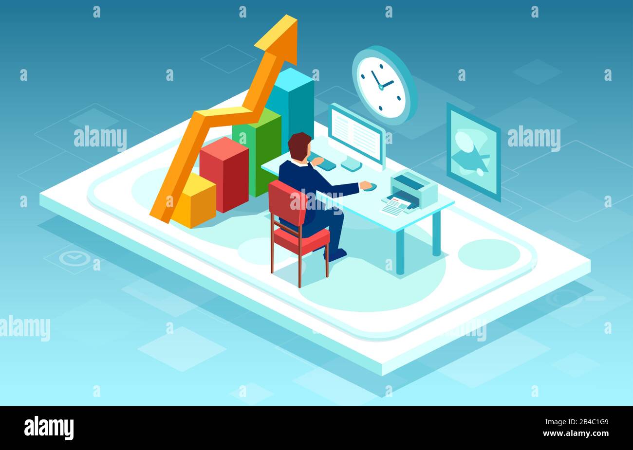 Vettore di un imprenditore o commerciante di borsa che lavora sul computer alla sua scrivania Illustrazione Vettoriale