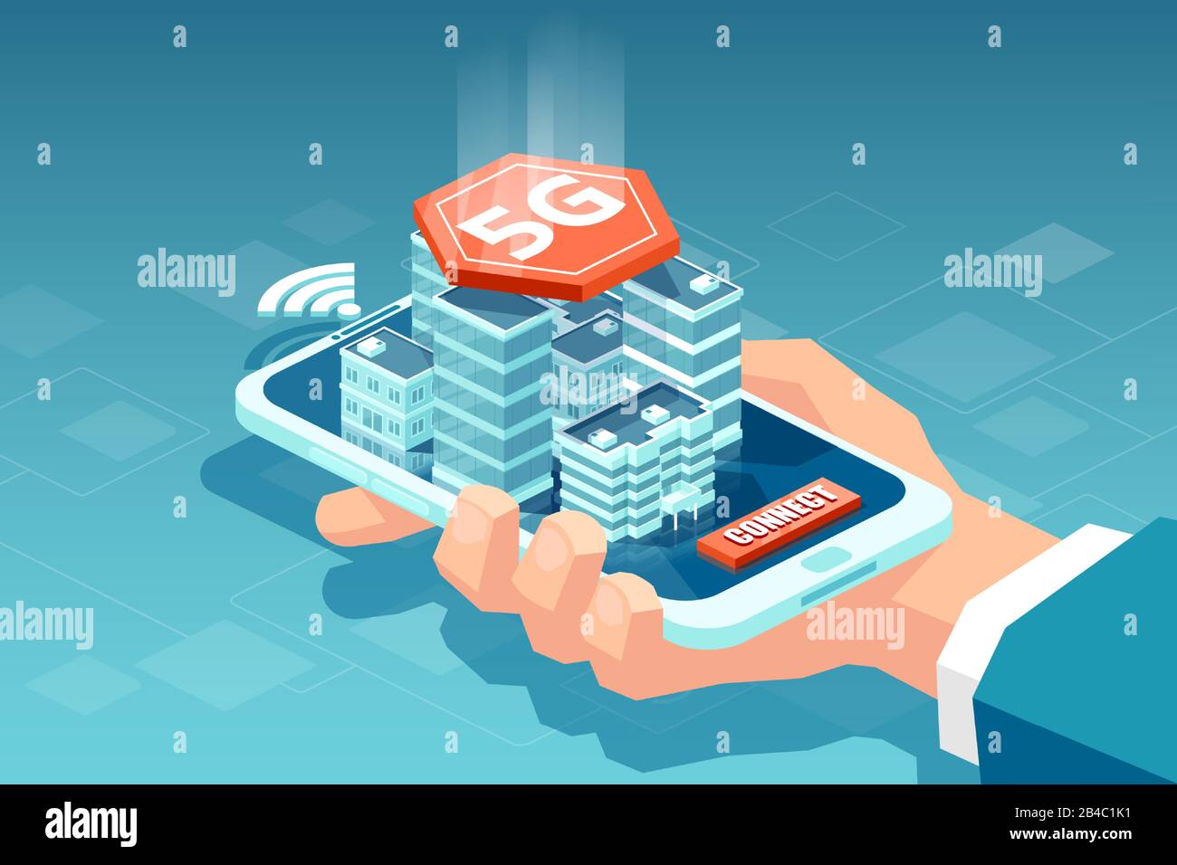 Concetto vettoriale di una tecnologia wireless di rete 5G, internet mobile ad alta velocità in una città intelligente Illustrazione Vettoriale