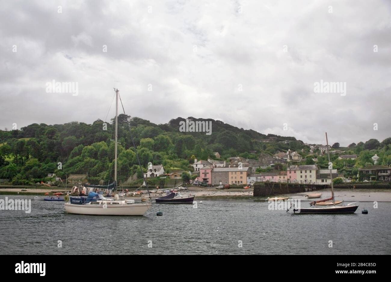 Case dai colori vivaci sul fiume: Dittisham dal fiume Dart, South Devon, Inghilterra, Regno Unito Foto Stock