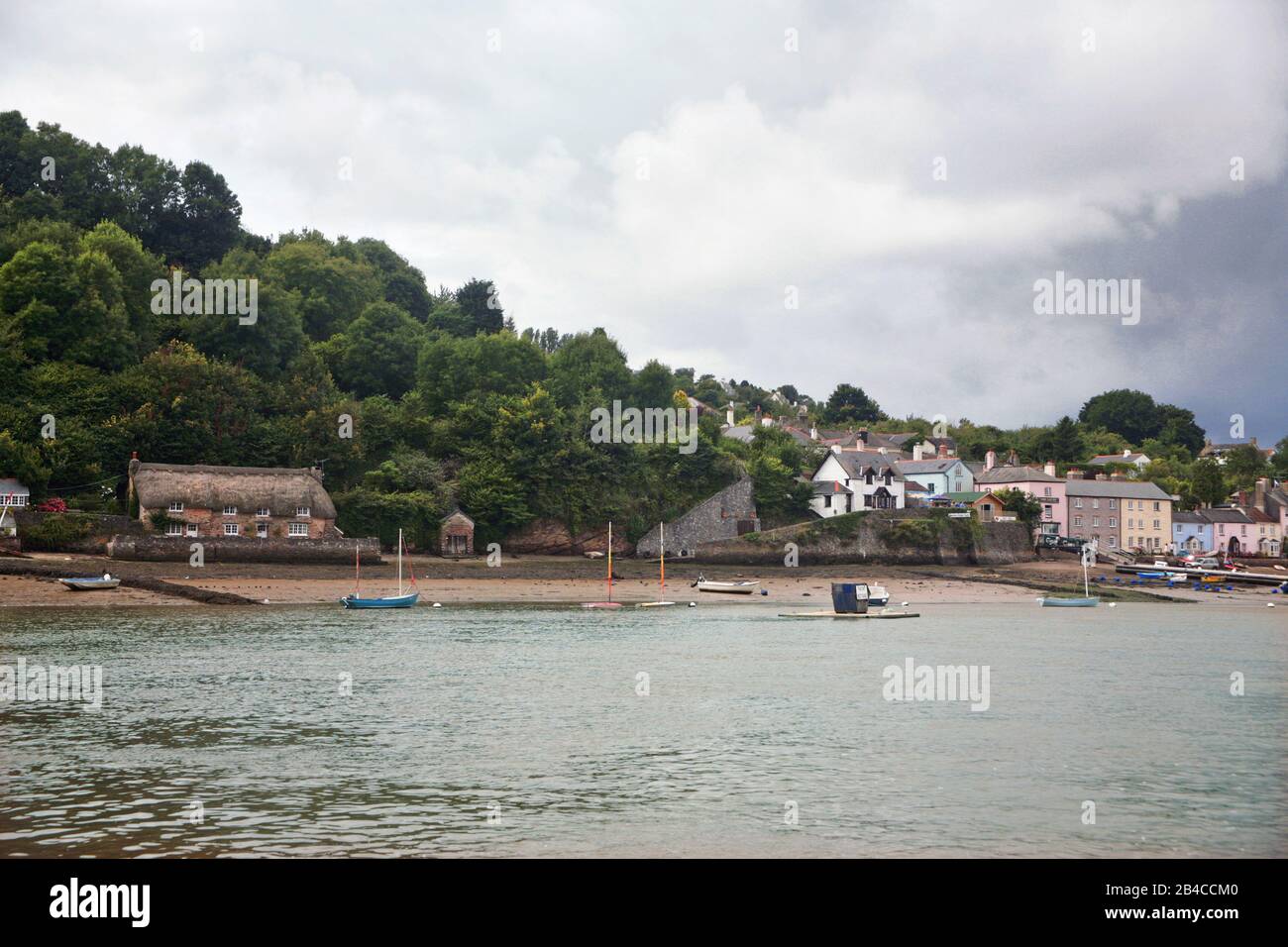 Case dai colori vivaci sul fiume: Dittisham dal fiume Dart, South Devon, Inghilterra, Regno Unito Foto Stock