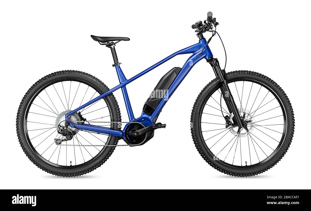 blu moderno motore a media trazione e pedalò elettrico con supporto centrale motore elettrico. ebike alimentato a batteria isolato su sfondo bianco. Innovazione nel settore dei trasporti Foto Stock