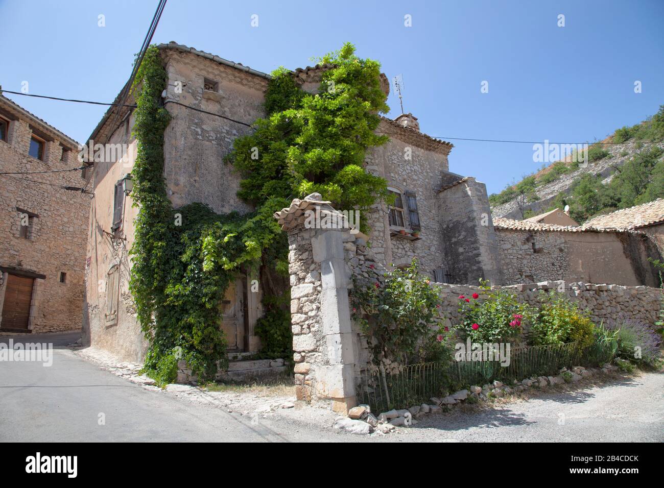 Destinazione estiva panoramica con casa storica con le piante di arrampicata in piccolo villaggio in Provenza, a sud della Francia Foto Stock