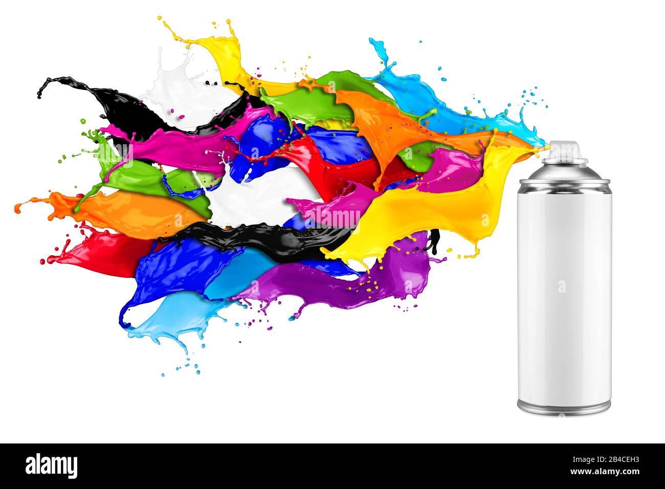 spray può spruzzare vernice arcobaleno colorato colore liquido esplosione spruzzi isolato su sfondo bianco. Concetto di graffiti per lavori di paintjob fai da te. Foto Stock