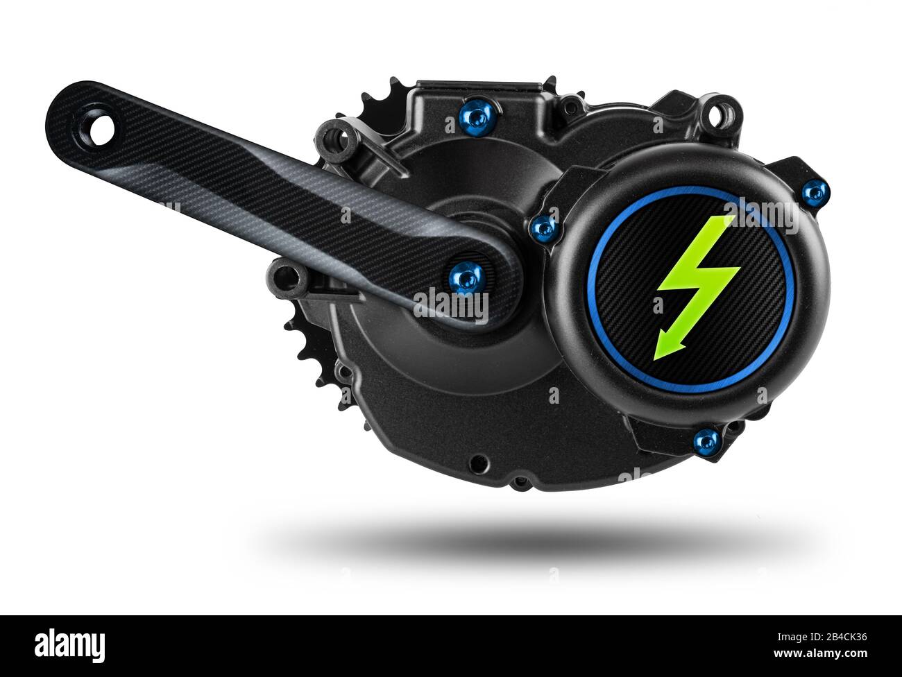 motore di azionamento centrale per bicicletta o pedelec con viti blu, messa a gomito in fibra di carbonio e simbolo verde di accensione dell'elettricità isolato su chi Foto Stock